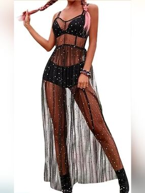 Women's Sheer Mesh Bikini Cover Up - Glitter See Through Maxi Dress - Stars